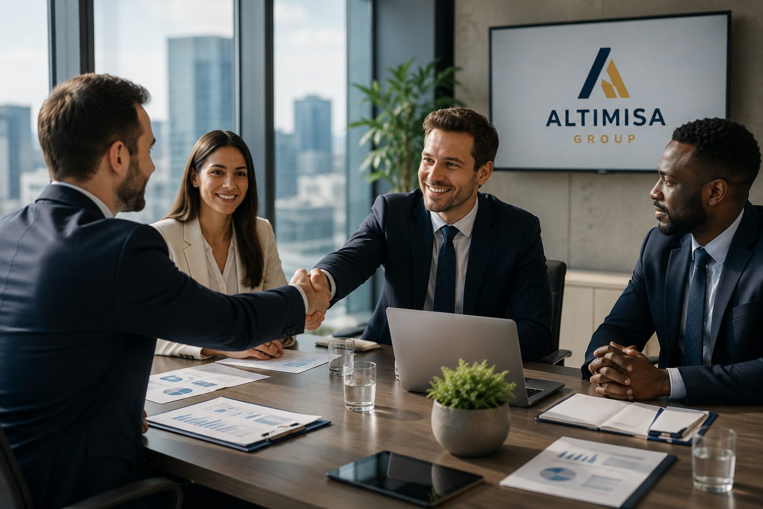 Equipo de Altimisa Group cerrando un acuerdo en sala de reuniones