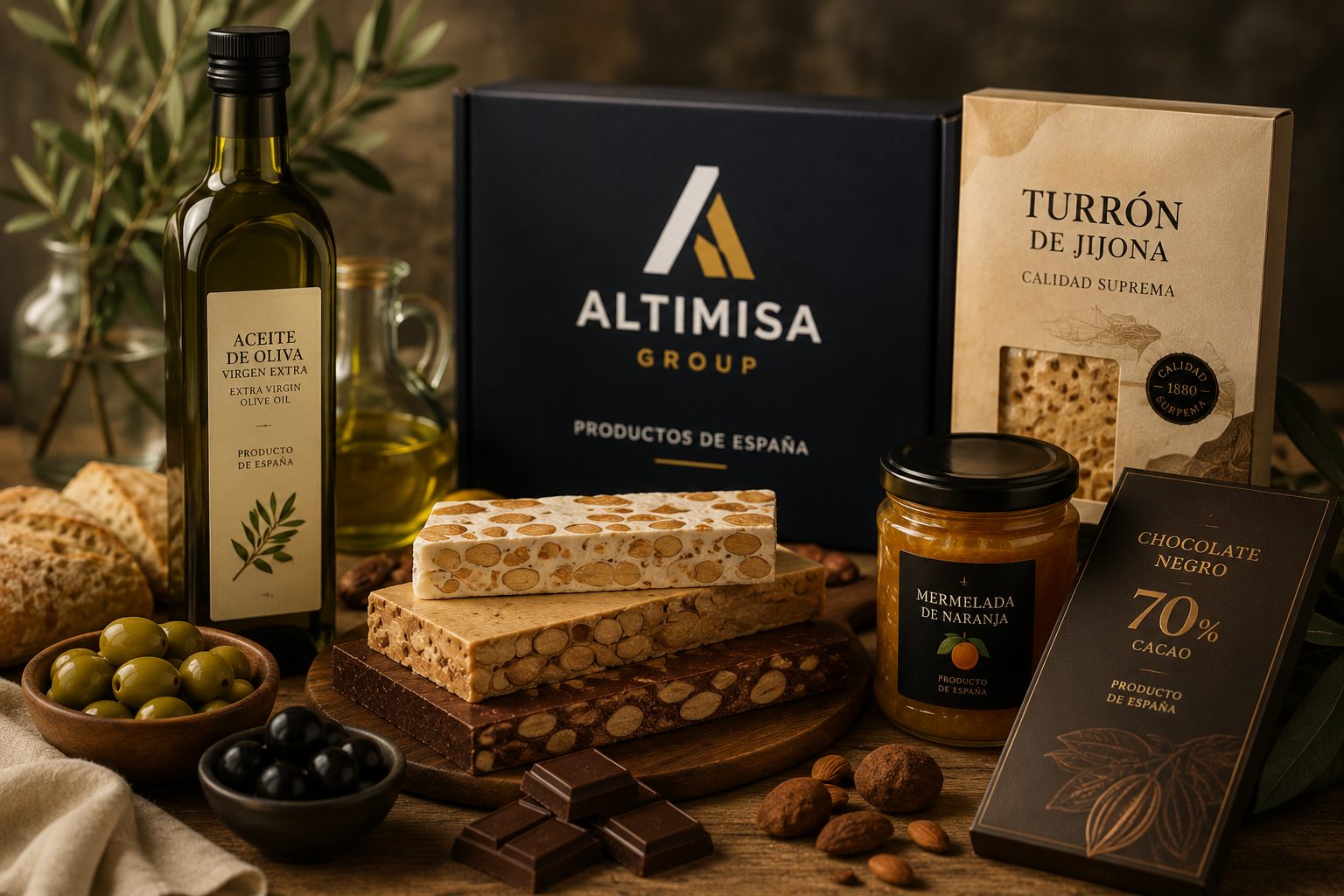 Selección de productos gourmet españoles: aceite de oliva, turrón de Jijona, mermelada y chocolate